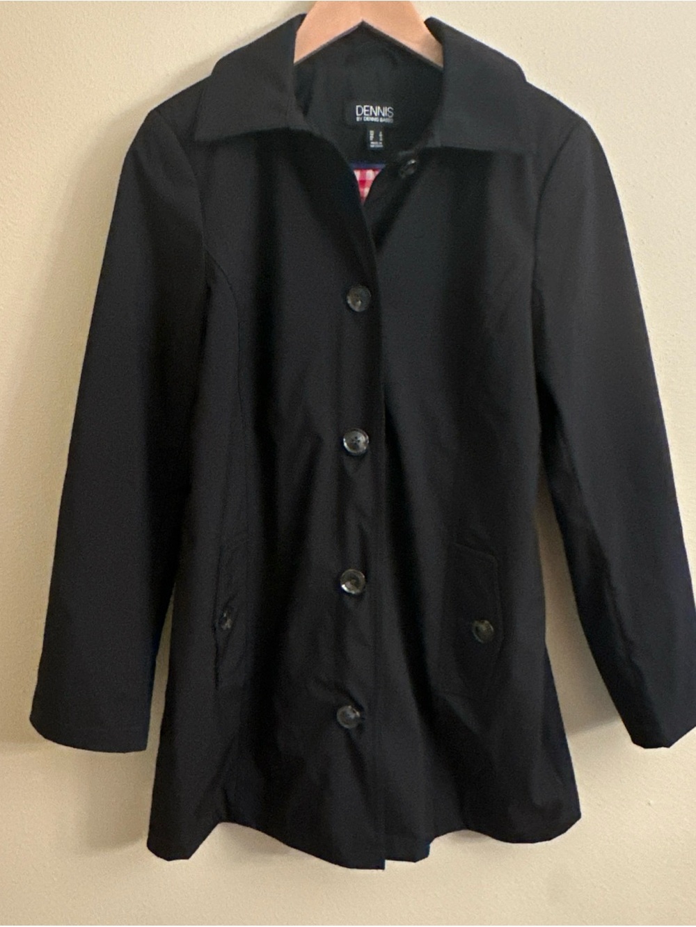 Dennis Basso Womens Black Water Resistant Rain Jacket Printed Lining Size Small